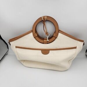 Fossil Canvas Straw Tote Bag Wood Handle Summer Beach Nautical‎ Striped Interior